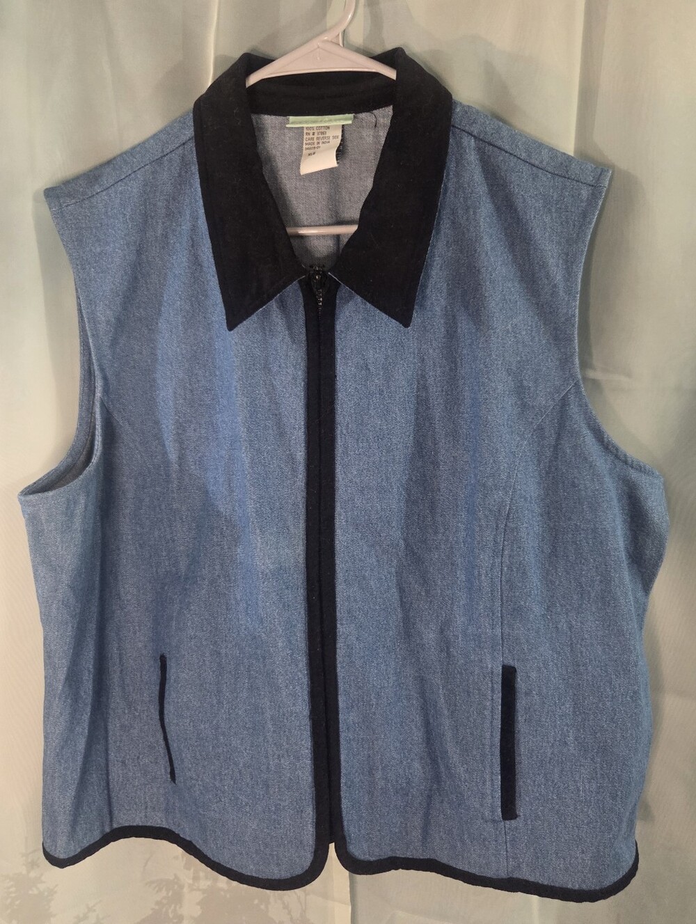 220 Hickory Blue Denim Zip-Front Vest with Black Trim